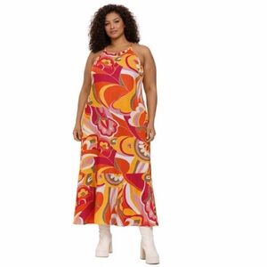 Ashley Stewart Groovy Floral Maxi Dress Red Pink Orange EUC Size 18/20